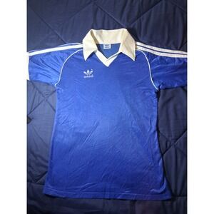 Vintage Adidas Trefoil Soccer Jersey Blue White Stripe V-Neck Polo Mens Medium